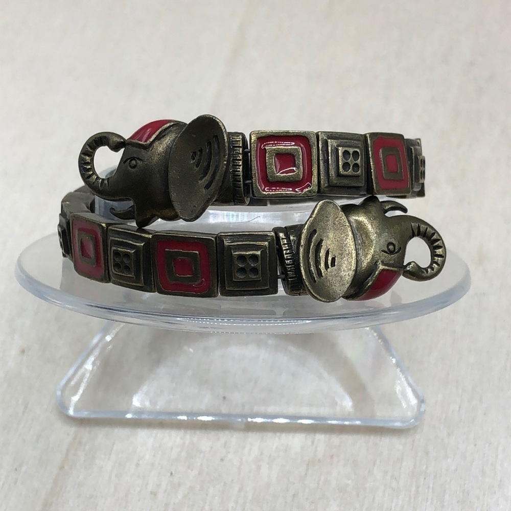 Vintage elephant memory coil brass and enamel bracelet small wrist 6.5